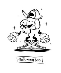 Set of tattoo vector characters for halloween. A cute skull in sneakers and gloves. Beautiful illustrations with characters for t-shirts.