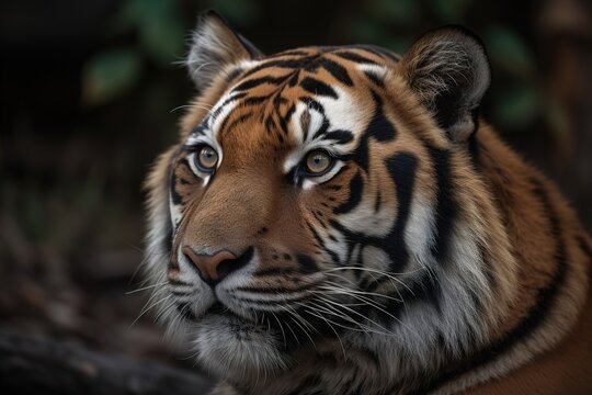 Close-up portrait of the face of a Siberian tiger (Panthera tigris altaica) in an outdoor zoo enclosure; Omaha, Nebraska, United States of America