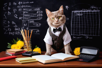 The cat is a teacher at a table with books on the background of a blackboard.