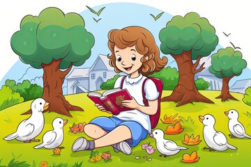 girl reading a book in the park. cartoon style.