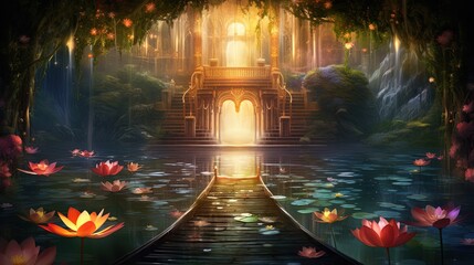 painting illustration scenery background of secret waterlily pond with golden light shine from behind ancient architecture gate way passage, Generative Ai