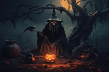 Halloween scene. witch in spooky night with dead tree branch behind.