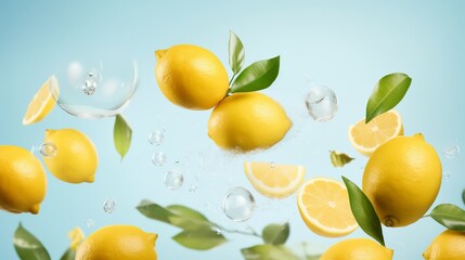 Obraz premium Advertisement studio banner with lemons and mint leaves and water splashes flying in the air on pastel gradient background. Food ingredient levitation