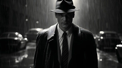 Noir movie, portrait of 40s detective standing under the rain.