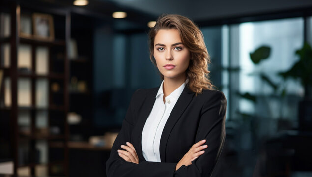 CEO Business Woman in Black Suit Standing With Crossed Arms in the Office
