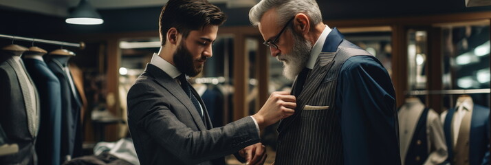 Scene in a men's suit tailor, formal suit shop. A gentlemen wearing a size measurement jig suit.  Well dressed gentleman, of a tailored suit shop. bespoke formal clothing. hand edited Generative AI. 