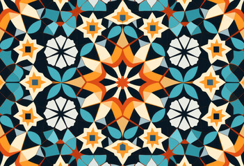 A vibrant colourful geometric shapes, tile pattern, vector illustration of intricate shapes. 1960s Teal and orange, repeating patterns. Middle eastern islamic and north african inspired art.