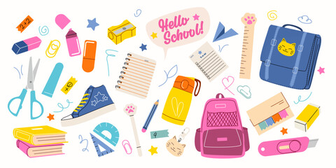 Back to school cute collection of educational supplies. Supplies big Set: notepad,scissors, pencil, pen, sneakers, laundry, stickers, rulers, textbooks, keychain, thermos, paper clips, paper knife