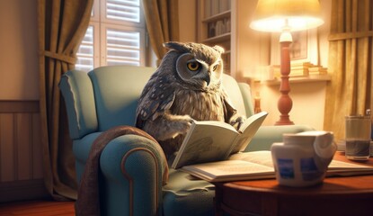 A bird is sitting in the library with a book
