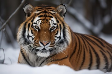Siberian tiger (Panthera tigris altaica) lying in snow in winter; Czech Republic