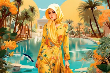 An attractive holiday muslim woman on a tropical background