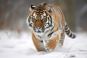 Fototapeta premium Siberian tiger (Panthera tigris altaica) staring at the camera in winter; Czech Republic