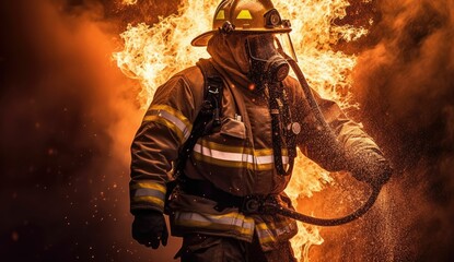Fototapeta premium Portrait of a firefighter fighting a fire