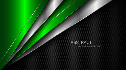 Abstract green and silver polygons on dark steel mesh background. with free space for design. modern technology innovation concept background
