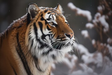 Siberian tiger (Panthera tigris altaica) juvenile running in snow, captive, Moravia, Czech Republic, Europe