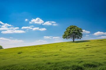 A Single Tree Standing Alone with Blue Sky and Grass. 