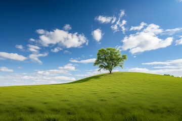 Fototapeta na wymiar A Single Tree Standing Alone with Blue Sky and Grass. 