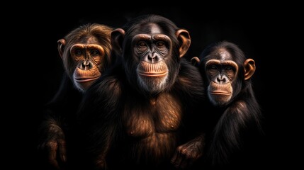 portrait of three chimps close-up on a black background, ultra realism. Animals closeup. Generative AI