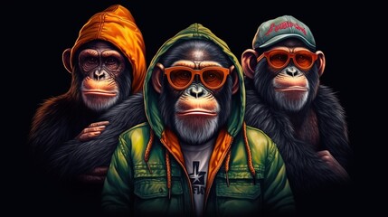 Three chimps dressed street style in a jacket with a hood, cap and glasses on a black background, ultra-realism. Animals close-up. Generative AI - obrazy, fototapety, plakaty