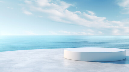 3d luxury white podium with blur ocean and blue sky for your luxury product.Generative AI
