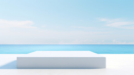 Fototapeta na wymiar 3d luxury white podium with blur ocean and blue sky for your luxury product.Generative AI