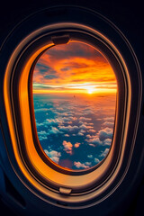 View from the window of the aircraft during the flight. View of the sunset through the porthole. Travel concept. Generative AI.