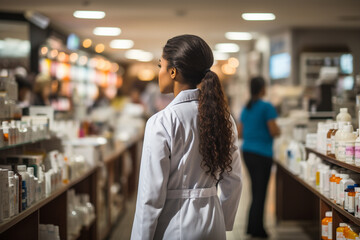 Close up backview of a woman shopping at the pharmacy