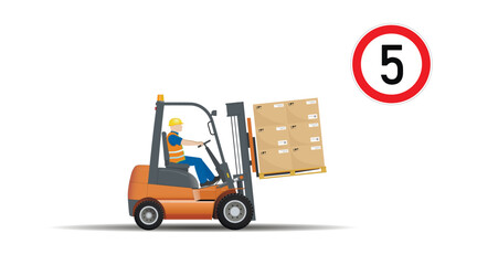 Dangers of working with a forklift. Observe the established speed limit. Vector.