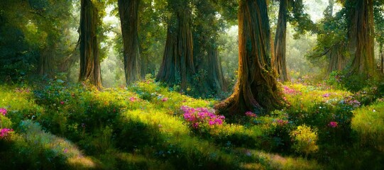 Obraz premium Enchanted magic forest, majestic ancient old trees, mystical woodland glade in warm autumn colors. colorful flowers and green grass, dreamy fairytale fantasy wonderland - generative AI 