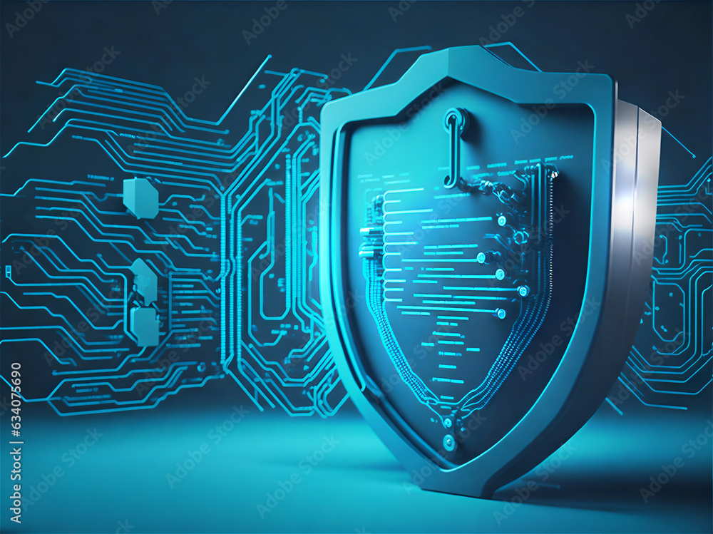 Poster cyber security and data protection of private information. locks of blue shield concept. ai generati