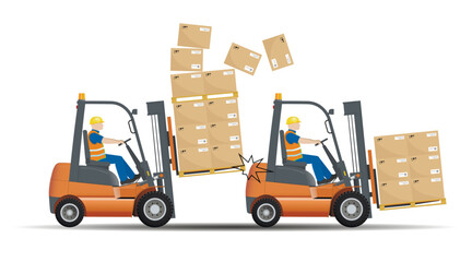 Dangers of working with a forklift. Keep your distance while working. Vector.