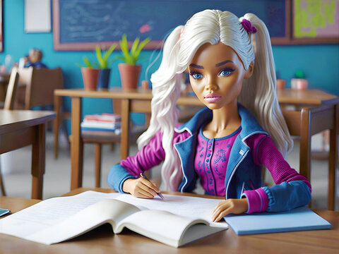 Cute cartoon school girl, plastic doll in college or graduate university. Student learning, concept of education.