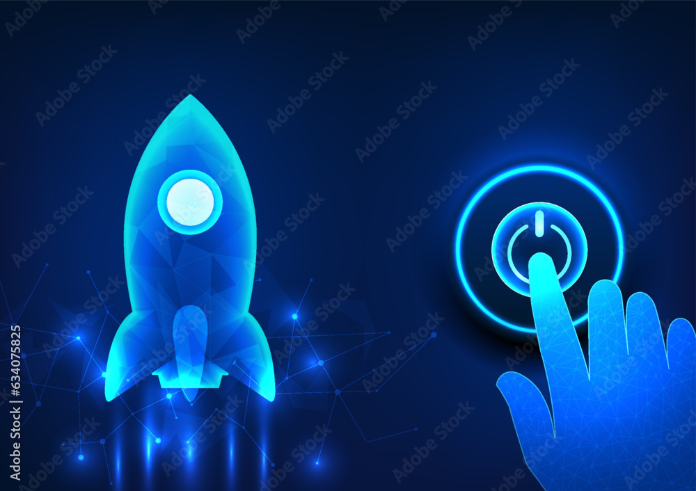 Poster vector illustration of a rising rocket with a hand pushing a start button. technology concepts that 