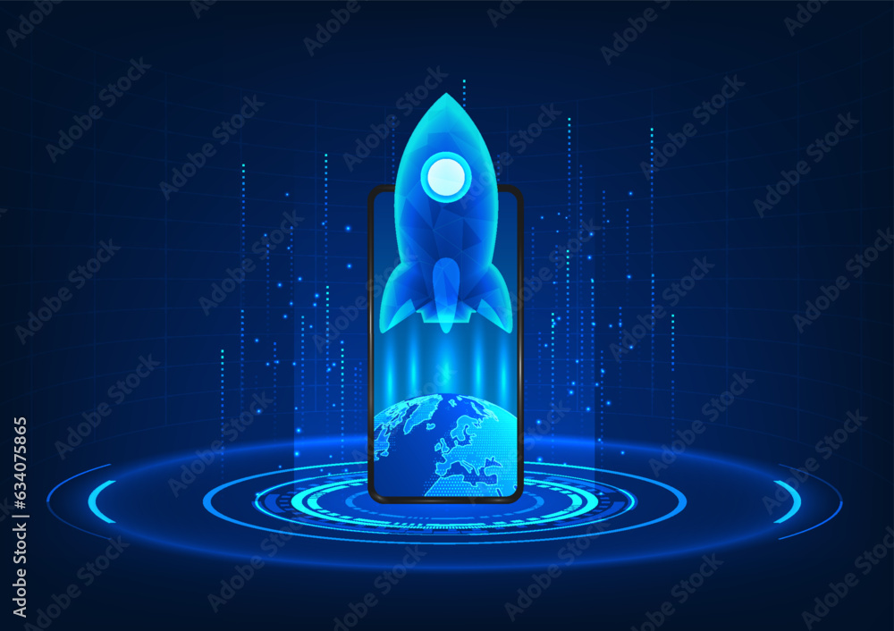 Poster smart phone technology with a rocket rising from the world on the mobile screen with a circle of tec