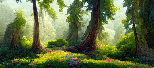 Enchanted magic forest, majestic ancient old trees, mystical woodland glade in warm autumn colors. colorful flowers and green grass, dreamy fairytale fantasy wonderland - generative AI	
