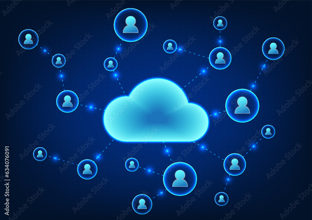 Poster cloud technology, cloud with circuit boards connected to people icons refers to technology for backi