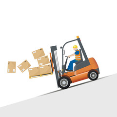 Dangers of working with a forklift. It is forbidden to drive down the slope on the slope in the forward direction.