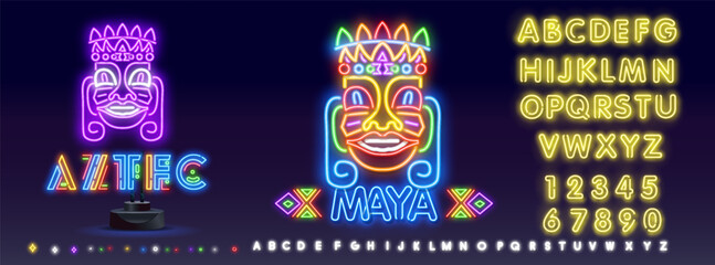 Bright tiki idol neon sign. Tribal mask, ancient culture design. Night bright neon sign, colorful billboard, light banner.