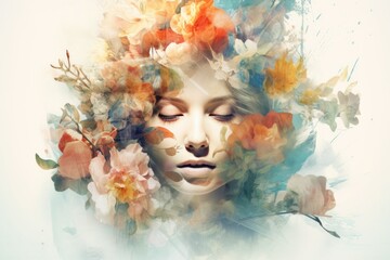 Abstract modern portrait of young woman with flowers in double exposure style. Generative AI