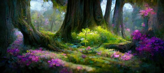 Enchanted magic forest, majestic ancient old trees, mystical woodland glade in warm autumn colors. colorful flowers and green grass, dreamy fairytale fantasy wonderland - generative AI	