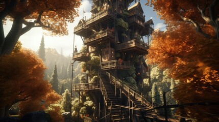 redwood treehouse tower with winding stairs