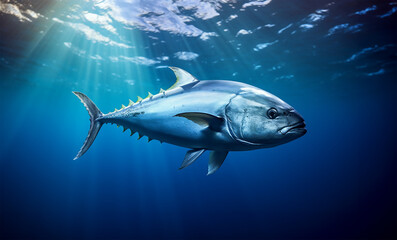 Naklejka premium Bluefin tuna fish swimming in clear ocean water