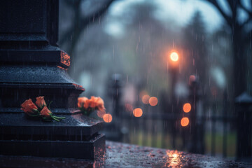 Rainy funeral. Cemetery on a rainy day with flowers and blurred background. Generative AI