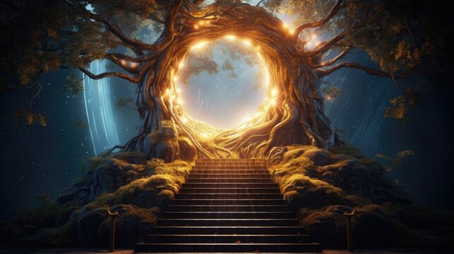 portal in tree, stairs into portal