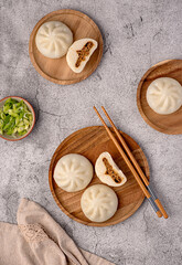 Food photography of steamed bun, bao, duck meat, spring onion, chinese, dough, dumpling, asian, stuffed, meat, savoury pastry, vietnam