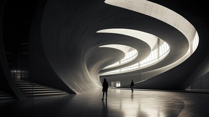 brutalist architecture curved arches huge scale, people walking