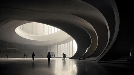 brutalist architecture curved arches huge scale, people walking
