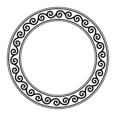 Seamless spiral pattern, circle frame. Decorative circular border with repeated spiral motif, connected to each other in an endless sequence. Isolated, black and white illustration over white. Vector.