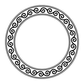 Seamless spiral pattern, circle frame. Decorative circular border with repeated spiral motif, connected to each other in an endless sequence. Isolated, black and white illustration over white. Vector.