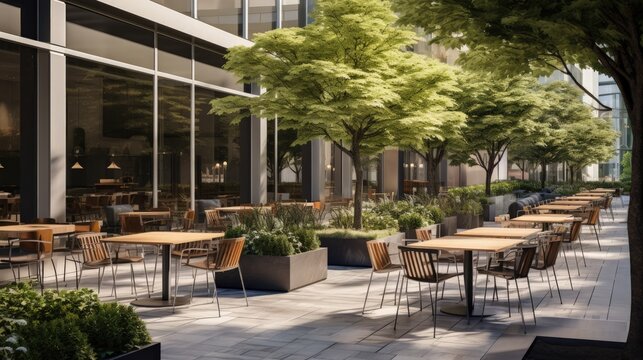 outdoor plaza of a contemporary downtown office building outdoor seating and tables and chairs with landscaping natural grasses and trees small stand alone coffee shop